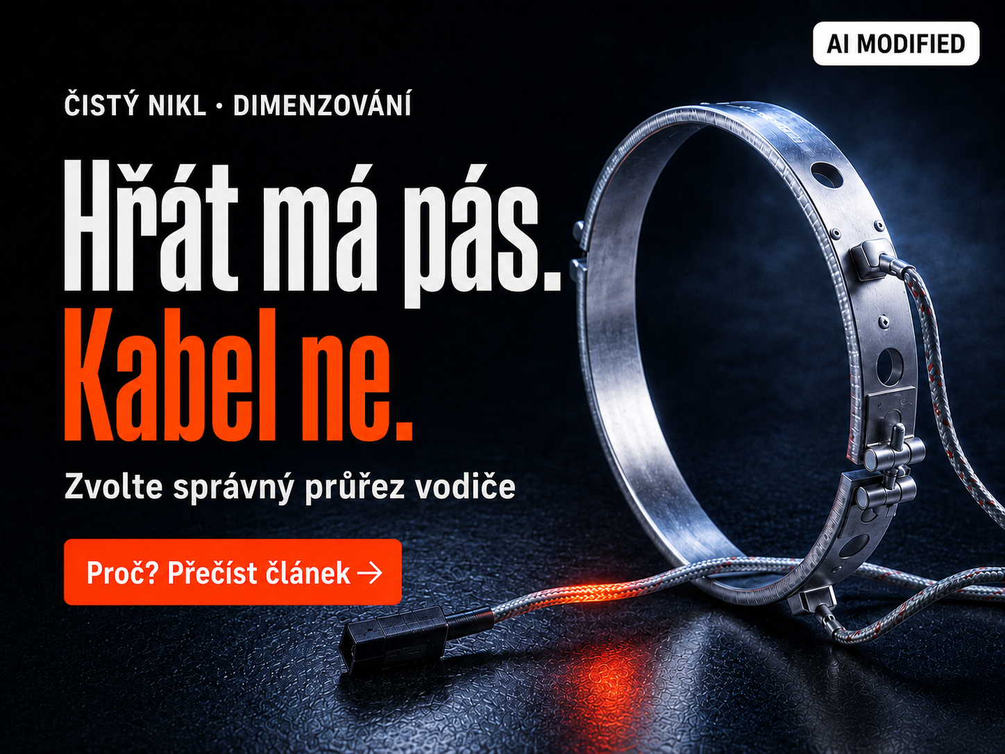 Topný pás ZAK upravený pomocí AI s upozorněním na správný průřez přívodu z čistého niklu