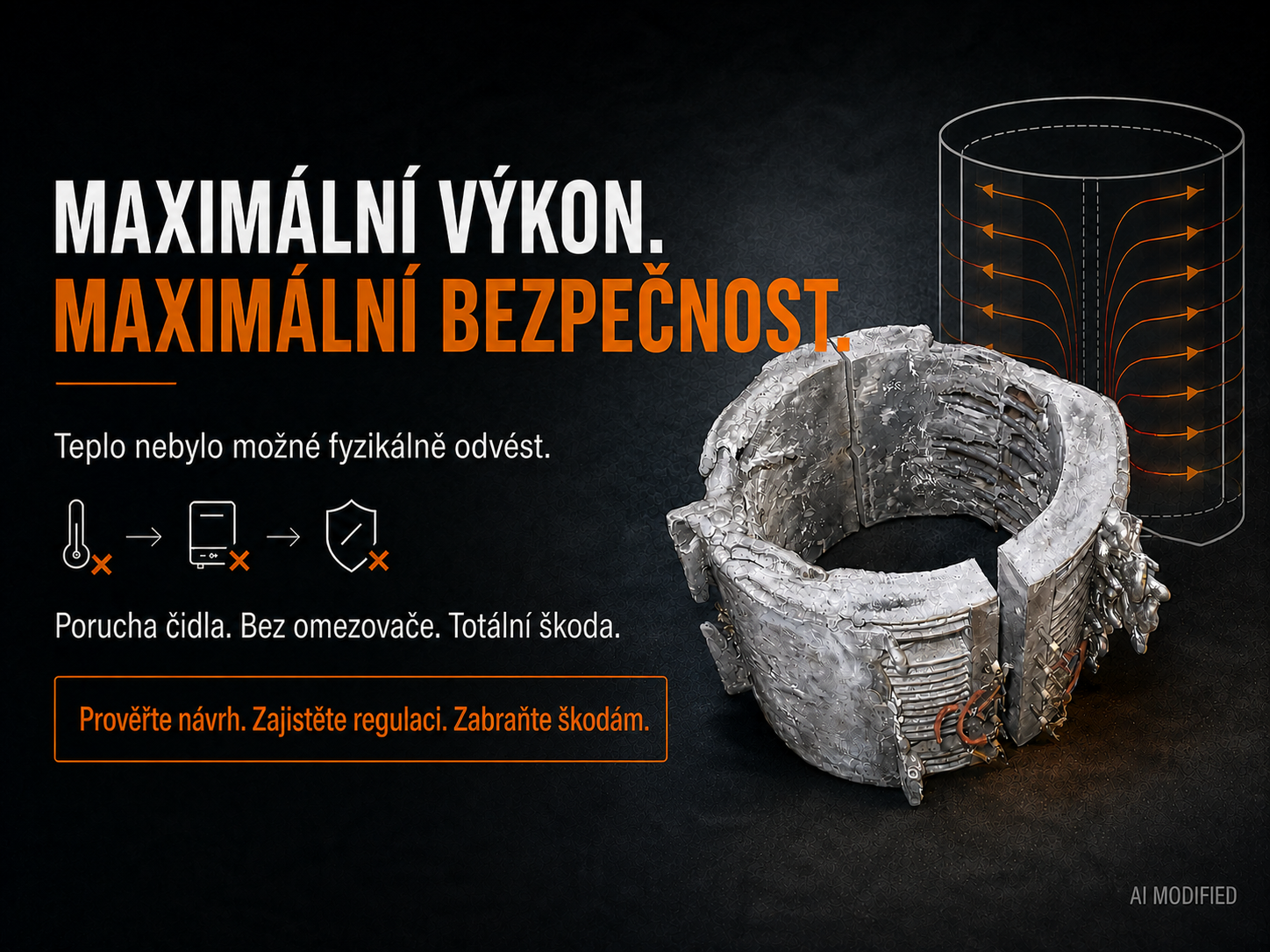AI upravené zobrazení zničeného litého topného elementu po poruše snímače, při vysokém výkonu a bez omezení teploty