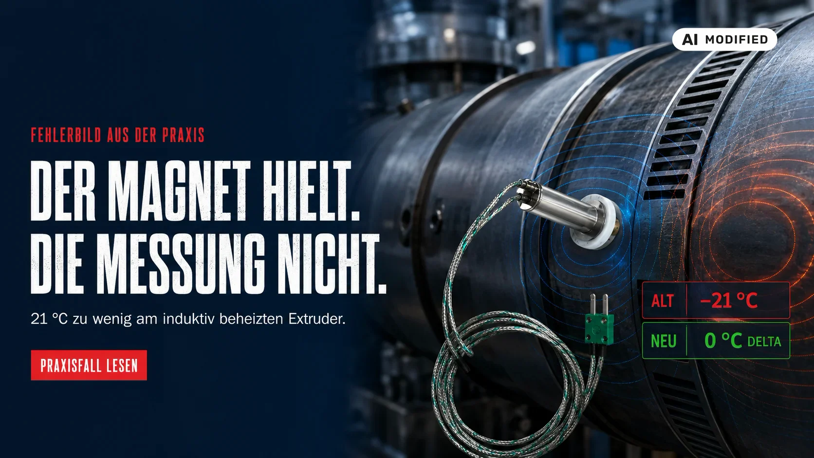 AI upravené zobrazení indukčně vyhřívaného extrudéru s odchylkou magnetického snímače 21 stupňů Celsia