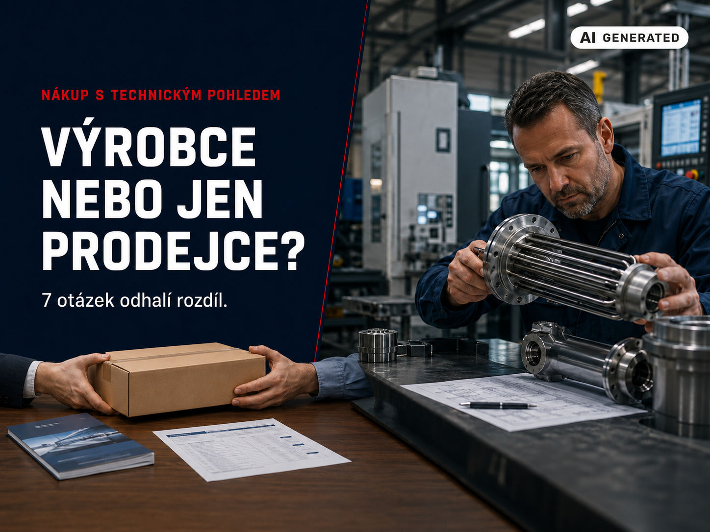 Ilustrační obrázek vytvořený umělou inteligencí: výrobce, nebo prodejce – vlevo krabice, vpravo technik s topným tělesem